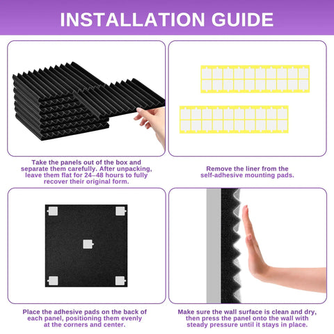 Installation guide for Premium High Density Acoustic Foam Panels 52 Pack showing assembly steps and self-adhesive pads.