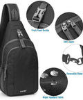 RFID Blocking Sling Bag Crossbody Backpack For Hiking And Travel, showing zippers, front buckle, metal clip, and water-resistant fabric