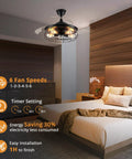 Dope 42 Inch Retractable Ceiling Fan With Lights in bedroom, farmhouse industrial style, caged fandelier, remote control, 6 speeds.