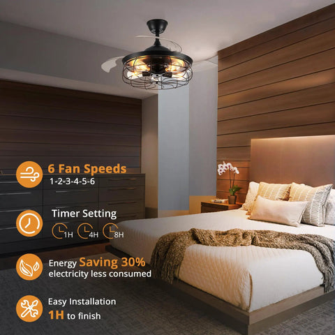 Dope 42 Inch Retractable Ceiling Fan With Lights in bedroom, farmhouse industrial style, caged fandelier, remote control, 6 speeds.