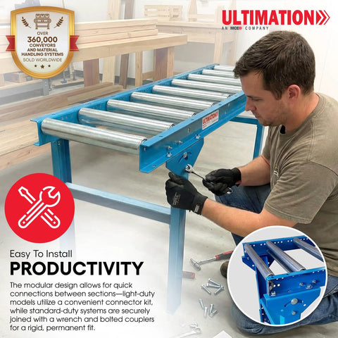 Man assembling Light Duty Gravity Conveyor With 1.5 Inch Galvanized Steel Rollers, 12 Inch Wide, 3 Foot Long Steel Frame