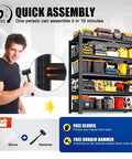 Beefy 5 Tier Garage Shelving Unit with tool-free metal shelves, loaded with tools and supplies, showing quick assembly feature.