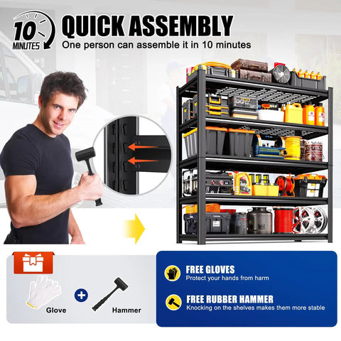 Beefy 5 Tier Garage Shelving Unit with tool-free metal shelves, loaded with tools and supplies, showing quick assembly feature.