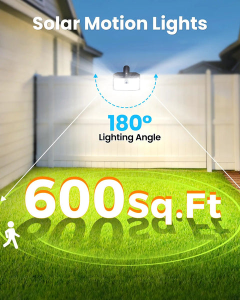 Super Bright 176 Lumen Solar Clip On Fence Lights With Motion Sensor illuminating a yard with 180° angle and 600 sq. ft. coverage.