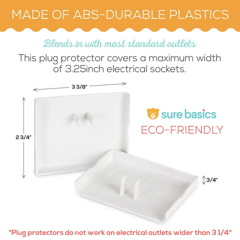 Close-up of 12 Pack Outlet Covers Baby Proofing Bigger Size For Safer Sockets Keeps Toddlers Safe No Joke And Prevents Choking Hazard, showing dimensions and eco-friendly features.
