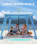 Family under Beach Cabana Sun Shelter 6x6 Ft With Sandbags And Side Wall For Family, Easy Setup, UPF 50 Plus UV Protection