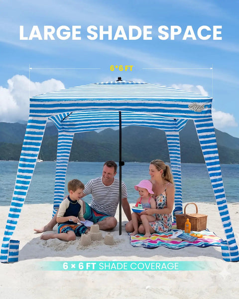 Family under Beach Cabana Sun Shelter 6x6 Ft With Sandbags And Side Wall For Family, Easy Setup, UPF 50 Plus UV Protection