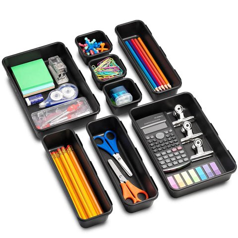Interlocking Drawer Organizer Bins for Desk Toolbox or Garage, Durable Plastic Black 8 Piece Set, Customizable Layout, Keeps Drawers Neat, Easy Clean, Sturdy and Versatile for Any Workspace