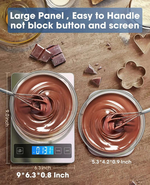 Digital Kitchen Scale With 22Lb Capacity, Precise 1g And 0.1oz Increments showing chocolate bowls on stainless steel platform