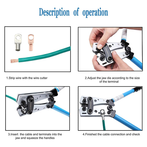 Step-by-step use of Heavy Duty Battery Cable Lug Crimping Tool With Rotating Die Heads for copper lugs and terminals