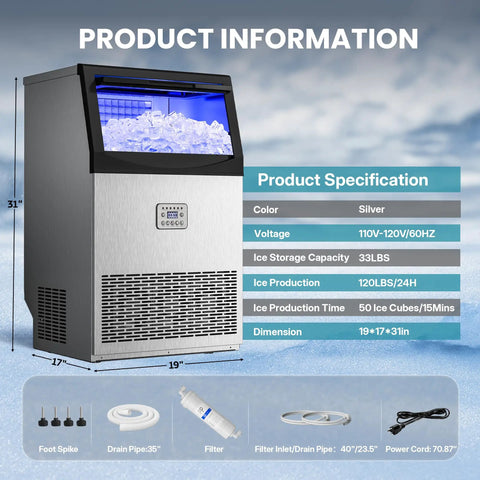 Top Shelf Commercial Ice Maker Delivers A Solid 120 Lbs Daily Output With 33 Lbs Storage Plus Built In Water Filter, silver finish.