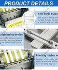 Product details of Fully Automatic Heat Shrink Tube Cutter Machine With Lcd Display 300W including steel blade and feeding wheel.