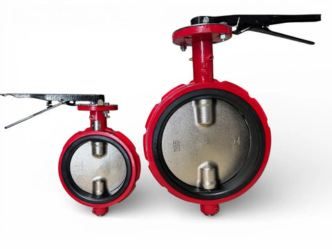 12 Inch Wafer Butterfly Valve Built Tough With Ductile Iron Body 200 PSI Rating Square Stem 1 1/8 Inch Red Buna Seats Face To Face ISO 5752 Mounting Pad ISO 5211 ANSI 150 Flange Nickel Plated Disc 12 Bolt Holes, front view
