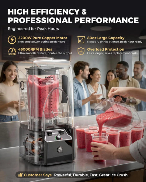Professional Commercial Blender With Quiet Shield Enclosure 2200W Power Heavy Duty Self Cleaning Unit 80Oz (2.2L) Pitcher