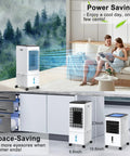 Portable Evaporative Cooler With Remote And Timer 60W Quiet 4 In 1 Swamp Cooler in living room and kitchen settings