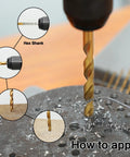 Close-up of 10 Pack One Quarter Inch Titanium Coated Twist Hex Shank Drill Bit Set With 135 Degree Tip HSS Impact Grade drilling metal