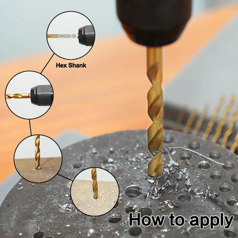 Close-up of 10 Pack One Quarter Inch Titanium Coated Twist Hex Shank Drill Bit Set With 135 Degree Tip HSS Impact Grade drilling metal