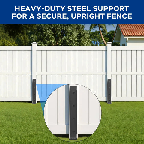 Fix Your Busted Fence Lines Fast With These Dang Solid Cold Rolled Steel Repair Stakes Heavy Duty Post Reinforcement Kit For Leaners And Weak Sections Black 6 Pack supporting a fence.