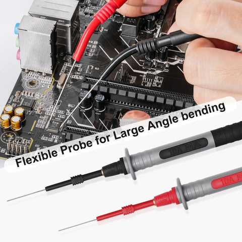 Close-up of 28 Piece Multimeter Test Leads Kit with Replaceable Gold Plated Probes in use on a circuit board.