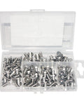 Pack Of 100 M4 X 12mm Stainless Steel Hex Drive Flat Head Machine Screws shown in a clear storage case, organized into sections.