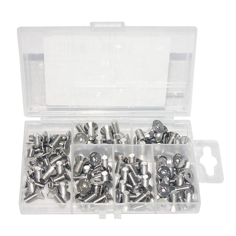 Pack Of 100 M4 X 12mm Stainless Steel Hex Drive Flat Head Machine Screws shown in a clear storage case, organized into sections.