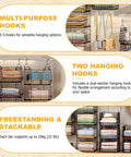 Dead Simple Hanging Closet Organizer With Expansive Tiered Wire Baskets Saves Serious Space In Your Laundry Room displaying hooks and folded clothes.