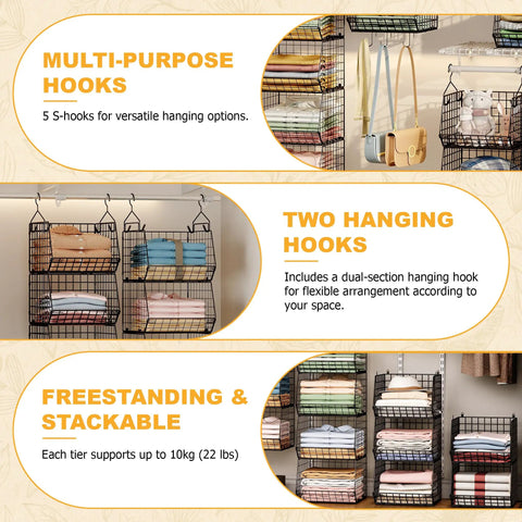 Dead Simple Hanging Closet Organizer With Expansive Tiered Wire Baskets Saves Serious Space In Your Laundry Room displaying hooks and folded clothes.