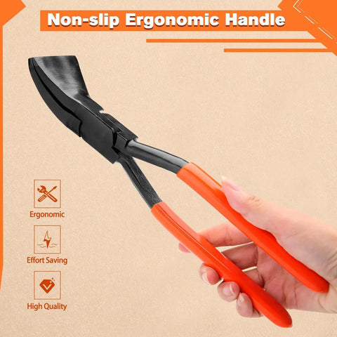 Non-slip ergonomic handle of Pro Grade 3-Piece Hand Seamer Set with 45/90/180 jaws, featuring orange grip for precise metal bending.