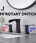 Matte Black Bathroom Faucet With Drain 8 Inch Widespread Three Hole Two Handle Sink Faucet Durable Anti Corrosion Finish Easy Clean Metal Bath Vanity Faucet For A Dope Modern Bathroom Upgrade showing 90-degree rotary switch