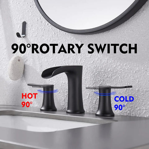 Matte Black Bathroom Faucet With Drain 8 Inch Widespread Three Hole Two Handle Sink Faucet Durable Anti Corrosion Finish Easy Clean Metal Bath Vanity Faucet For A Dope Modern Bathroom Upgrade showing 90-degree rotary switch