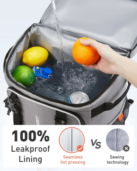 Rolling Cooler Backpack For 50 Cans With Dual Deck And Dual Bar Handles Soft Travel Cooler Bag With Wheels 30L Beach Cooler Telescoping Handle Up To 39.5 Inches Black showing open interior with fruits and drinks