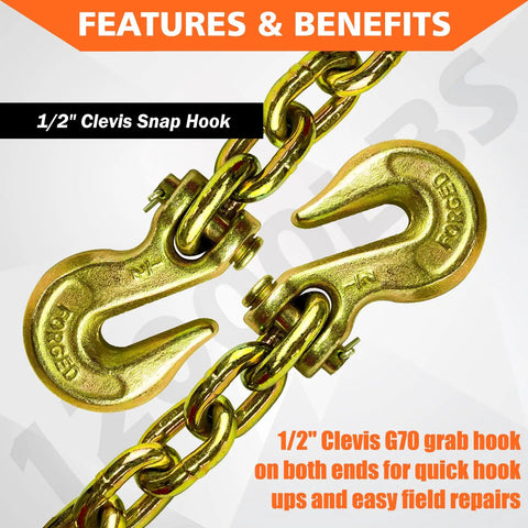 G80 Heavy Duty Transport Binder Chain Half Inch By 20 Foot With Clevis Grab Hooks, 12,000 Lbs Safe Working Load close-up image