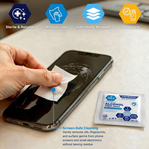 Alcohol Prep Pads 70 Percent Isopropyl, 2-Ply Sterile, Individually Wrapped, 200 Count Go-To First Aid Pack For Wound Cleaning, Skin Preparation, Injections, Medical Use; phone screen cleaning
