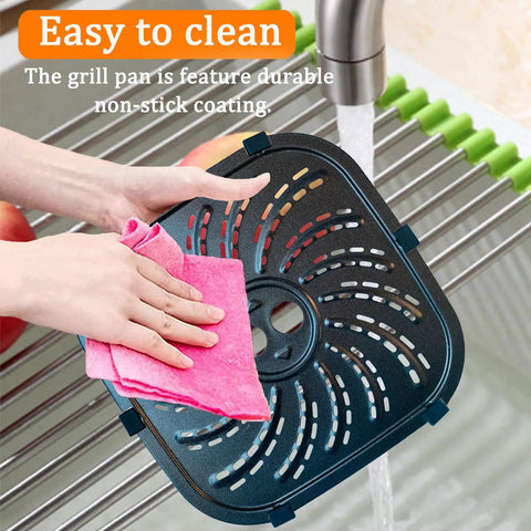 Hands cleaning Upgraded Heavy Duty 8QT Air Fryer Grill Plate With Killer Nonstick Coating in sink, carbon steel, 9.6x9.5in.