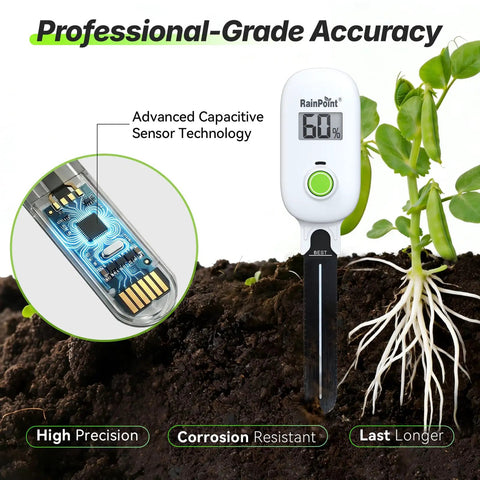 Smart Wireless Plant Moisture Meter For Indoor And Outdoor Gardens With Capacitive Probe Real Time Leave In Soil Hygrometer Sensor LCD Display Requires WiFi Hub No Hassle Two Pack in soil near plant