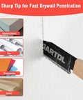 Two Piece Japanese Hand Saw Set For Wood Cutting With Six Inch Flush Cut Saw And Double Edged Ryoba Saw showing SK5 steel blade cutting drywall