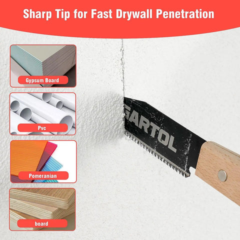 Two Piece Japanese Hand Saw Set For Wood Cutting With Six Inch Flush Cut Saw And Double Edged Ryoba Saw showing SK5 steel blade cutting drywall