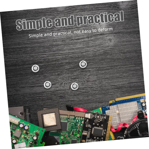 Ten Pack Hella Secure Self Tapping PC Case Screws For SSD Drive Mounting and Motherboard Hardware on a wooden surface.