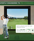 Golfer using Pro Grade Indoor Golf Simulator Enclosure Kit With Impact Screen And Protective Padding No Fuss Push Pin Setup