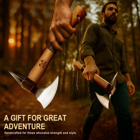 Man holding 15 Inch Camping Hatchet Survival Axe with Sheath High Carbon Steel Blade Wood Handle Anti Slip Grip for outdoor adventures.