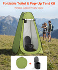 Grab And Go Portable Camping Toilet Kit With Pop Up Privacy Tent in a mountain setting with open folding toilet and carry bag.