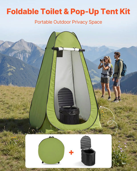 Grab And Go Portable Camping Toilet Kit With Pop Up Privacy Tent in a mountain setting with open folding toilet and carry bag.