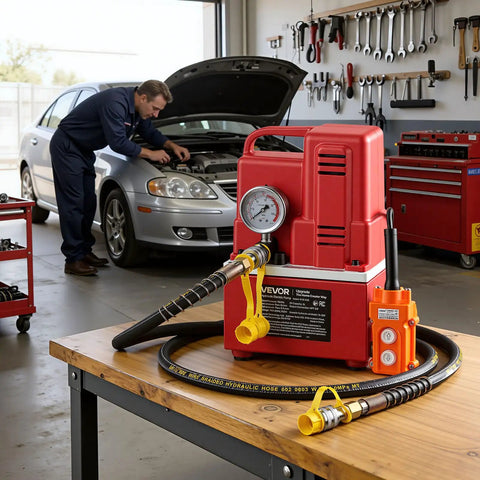 Electric Hydraulic Pump Power Pack 750W 10000 PSI 120V on a workbench in auto shop with car and mechanic in background.