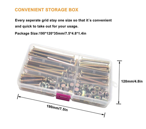 Crib Screws Hardware Replacement Kit For Cot Chairs And Furniture 100 Pieces Of 1/4-20 Bolts And Barrel Nuts With Wrench No Fuss Handy Plastic Storage Box Metal Construction Phillips Drive DIY Fix visible in box