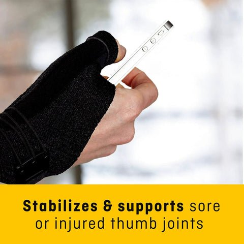Person wearing Deluxe Thumb Stabilizer For Strong, Comfy On The Go Support, holding a smartphone, showcasing ergonomic fit.