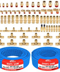 Front view of brass DOT air line fittings kit (76 pcs) with two blue nylon hoses: 50 ft 3/8 and 100 ft 1/4 lines