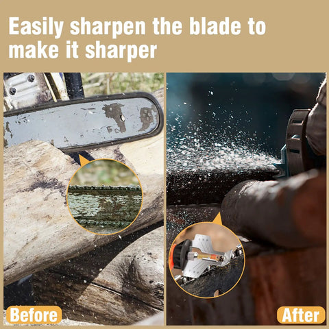 Before and after of using 18Pcs Titanium Plated Chainsaw Sharpening Bits Set for Chainsaw Chains for fast chain maintenance