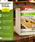 Pure Linseed Oil for Wood 100 Percent Natural and Food Safe, 2.5L can for easy indoor furniture care and lasting wood finish.