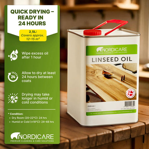 Pure Linseed Oil for Wood 100 Percent Natural and Food Safe, 2.5L can for easy indoor furniture care and lasting wood finish.