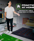 Person practicing on a Ten Foot Green Golf Putting Mat With Realistic Surface For Indoor And Outdoor Training in a home setting.
